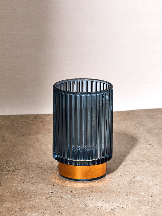 Blue Ribbed Tealight Holder With Gold Base