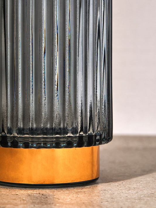 Grey Ribbed Candle Holder With Gold Base
