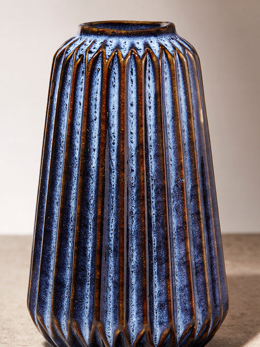 Blue Ribbed Ceramic Vase