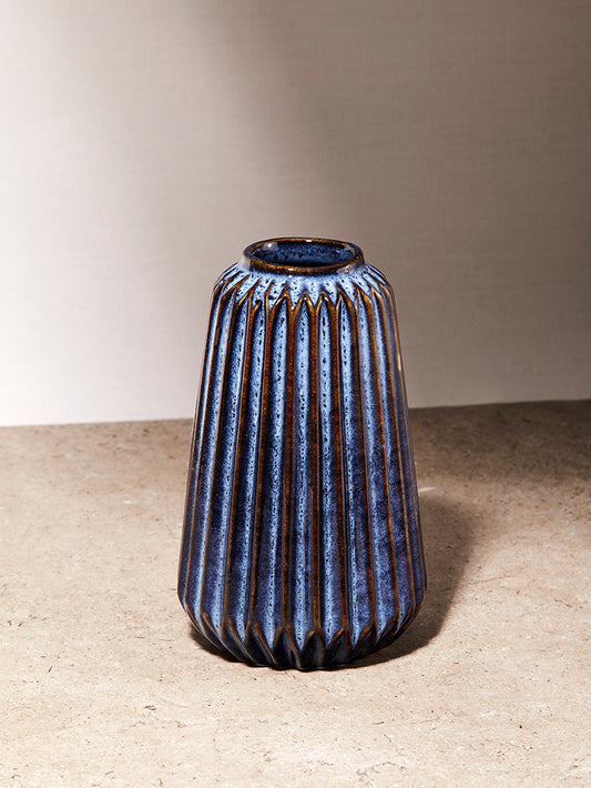 Blue Ribbed Ceramic Vase
