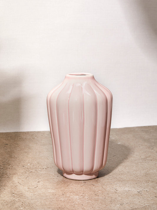 Light Pink Ceramic Vase With Grooves