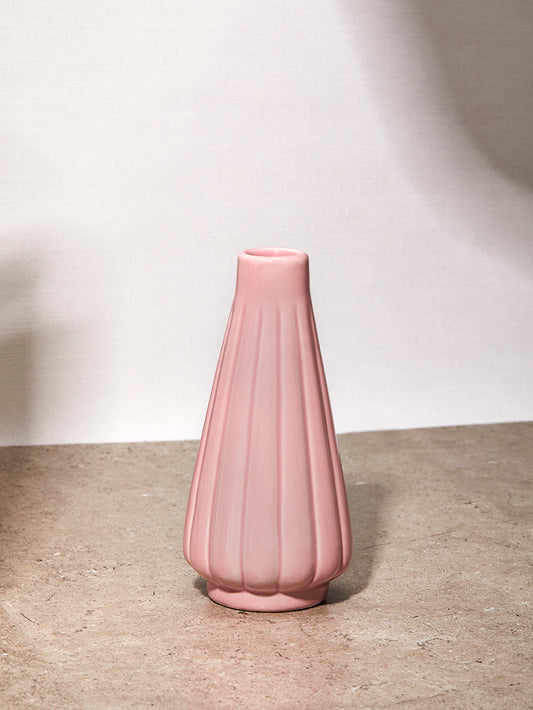 Light Pink Ceramic Thin Vase With Grooves